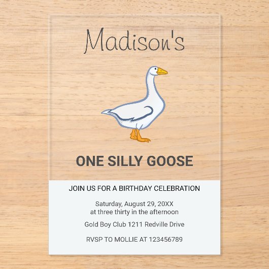 Kids One Silly Goose First Birthday アクリル招待状 (正面)