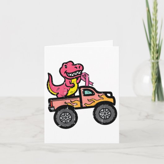Kids Pink Dino Monster Truck Breast Cancer Awarene カード (正面)