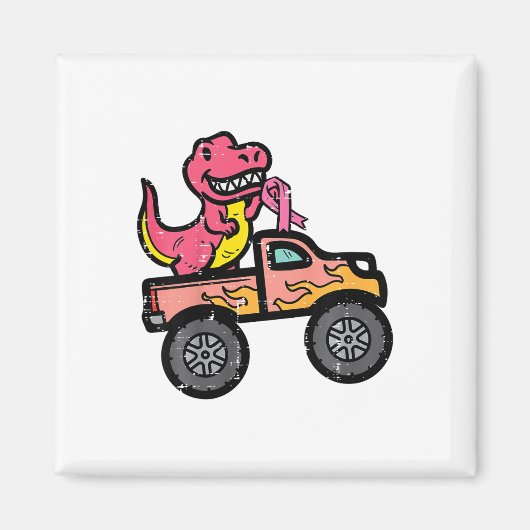 Kids Pink Dino Monster Truck Breast Cancer Awarene マグネット (正面)