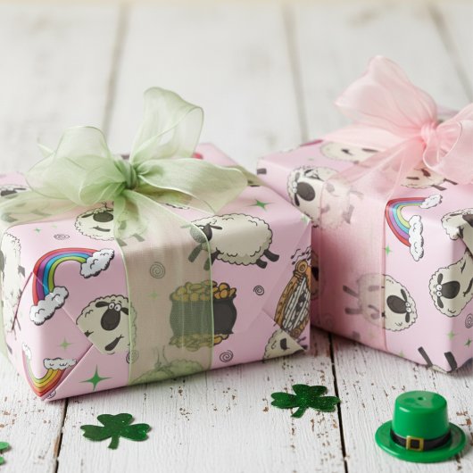 Kids Pink St. Patrick’s Day Sheep & Shamrocks ラッピングペーパー