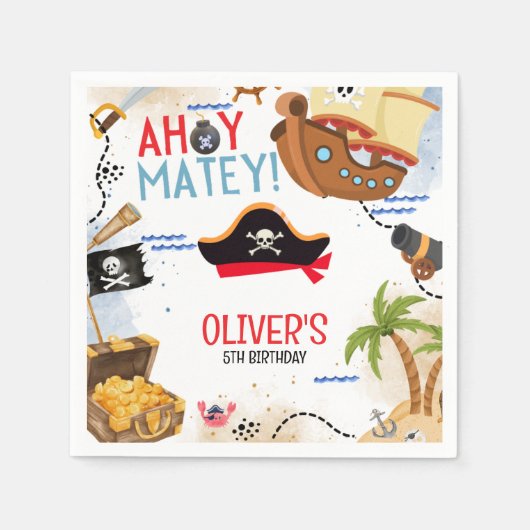 Kids Pirate Party | Ahoy Matey Pirate Birthday  スタンダードカクテルナプキン (正面)
