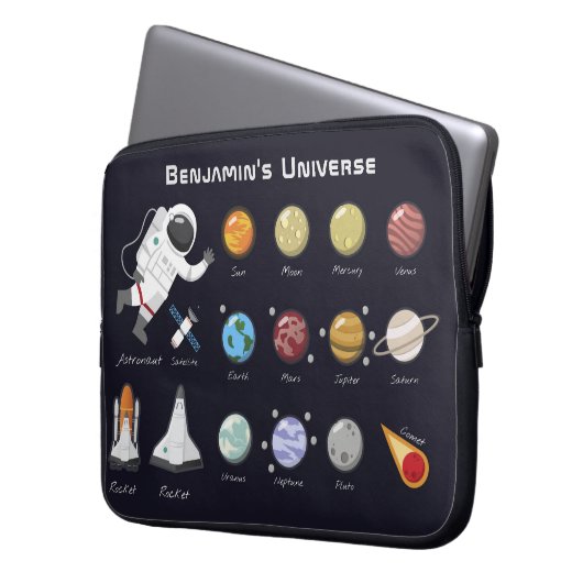 Kids Planets宇宙飛行士モノグラムカラフル宇宙 ラップトップスリーブ (正面左)