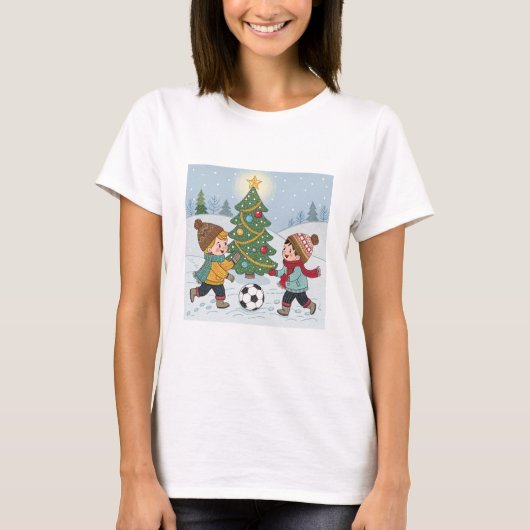 Kids Playing Soccer Under the Snow Tシャツ (正面)