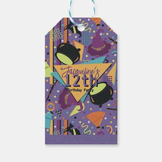 Kids Purple Retro Witchy Halloween Birthday ギフトタグ (正面)