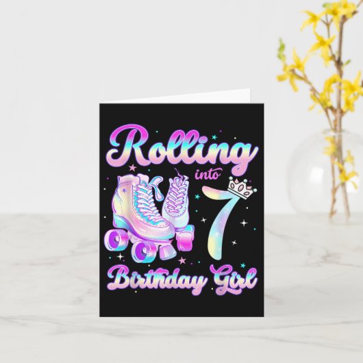 Kids Rolling Into 7 Roller Skating 7th Birthday Gi カード (黄色い花)