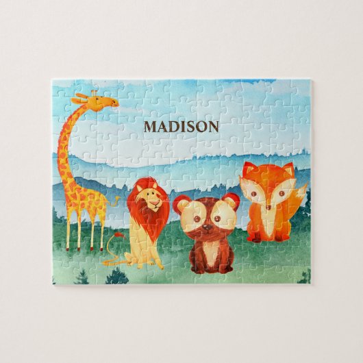 Kids Safari Animals Green Blue Forest Cute ジグソーパズル (横)