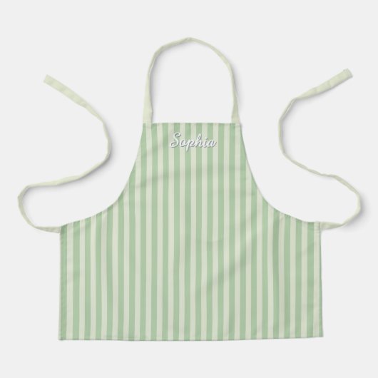 Kids' Sage Green Stripe Custom Name Apron エプロン (正面)