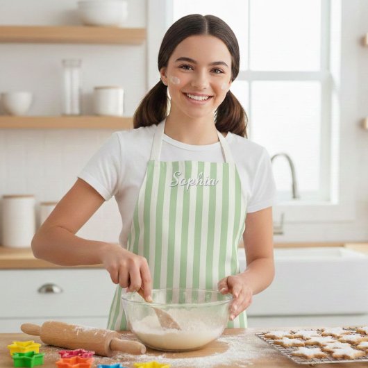 Kids' Sage Green Stripe Custom Name Apron エプロン