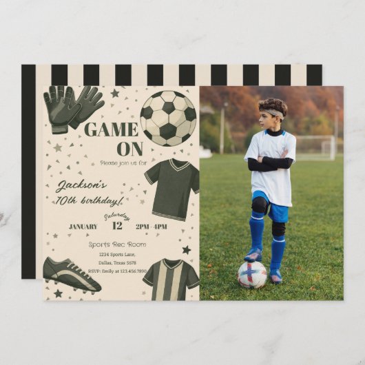 Kids Soccer Themed Birthday Photo Invitation 招待状 (正面/裏面)