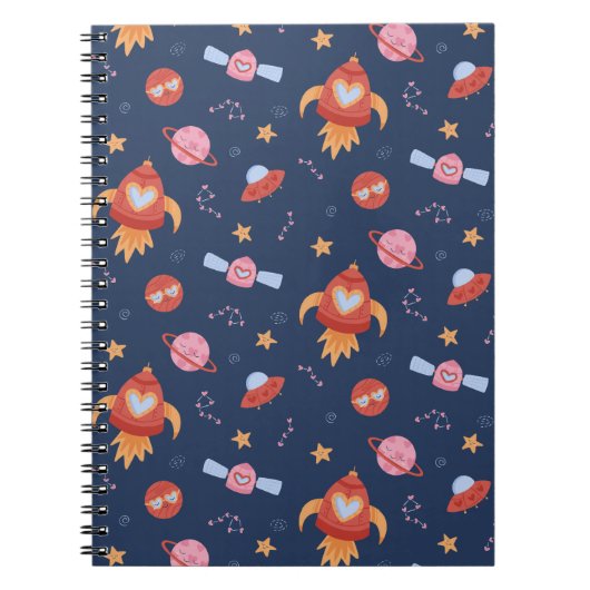 Kids Space Pattern with Rockets & Planets ノートブック (正面)