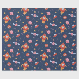 Kids Space Pattern with Rockets & Planets ラッピングペーパー