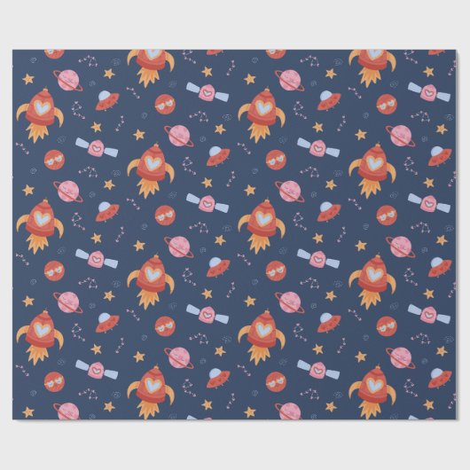Kids Space Pattern with Rockets & Planets ラッピングペーパー (フラット)