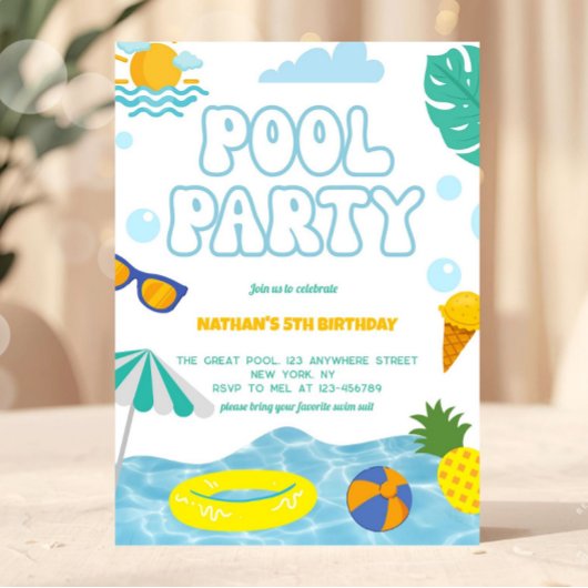 Kids Summer Fun Pool Party Birthday 招待状