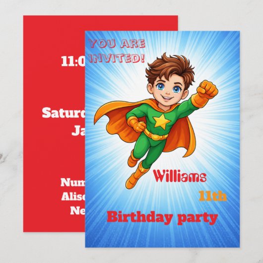 Kids Superhero Birthday Invitation 招待状 (正面/裏面)