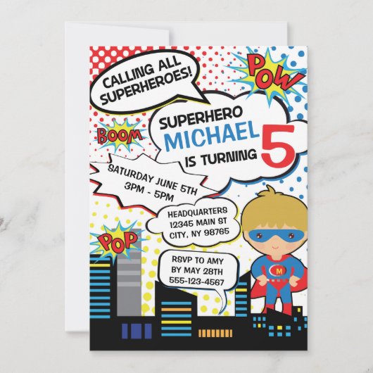 Kids Superhero Birthday Party Invitation Boy Hero 招待状 (正面)
