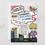 Kids Superhero Birthday Party Invitation Boy Hero 招待状<br><div class="desc">Calling all Superheroes! Grab your mask and grab your cape, because it's time to celebrate! These adorable superhero themed kids birthday invitations are perfect if you are throwing a Superhero Theme Party! Features a superhero blond boy with an initial you can customize on his chest. This adorable hero stands among...</div>