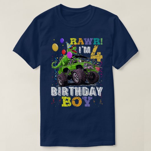 Kids T Rex Dinosaur Monster Truck 4th Birthday Boy Tシャツ (デザイン正面)
