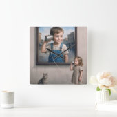 Kids Talking On a Retro Tin Can Telephone スクエア壁時計 (ホーム)