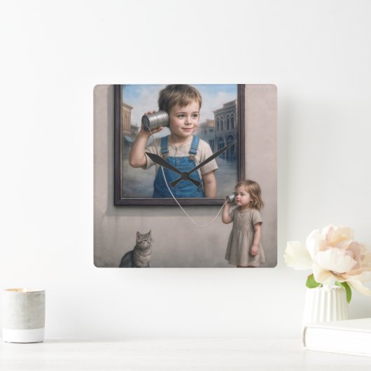 Kids Talking On a Retro Tin Can Telephone スクエア壁時計 (ホーム)