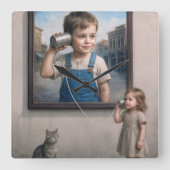 Kids Talking On a Retro Tin Can Telephone スクエア壁時計 (正面)