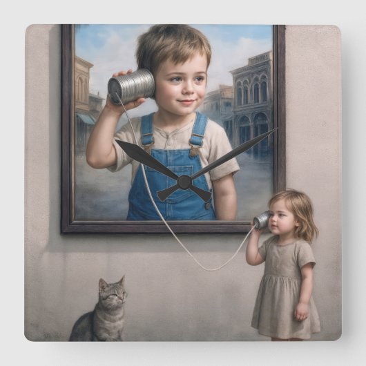 Kids Talking On a Retro Tin Can Telephone スクエア壁時計 (正面)