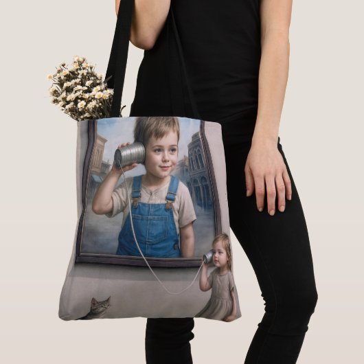 Kids Talking On a Retro Tin Can Telephone トートバッグ (クローズアップ)