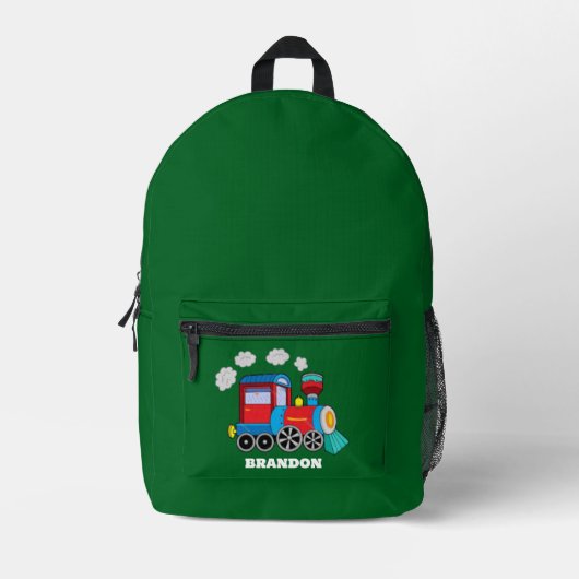 Kids Train Boys Blue Custom Name プリントバックパック (正面)