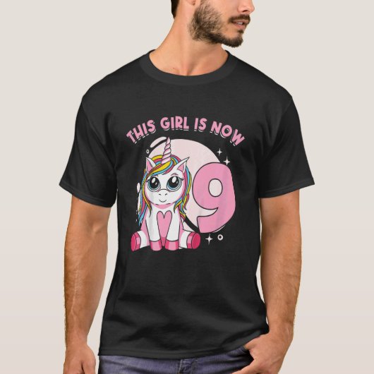 Kids Unicorn女の子の神話的な生き物I Am 9 years b Tシャツ (正面)