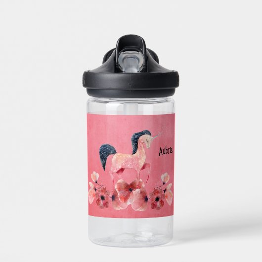 Kids Water Bottle Pink with Unicorn & Flowers ウォーターボトル (正面)