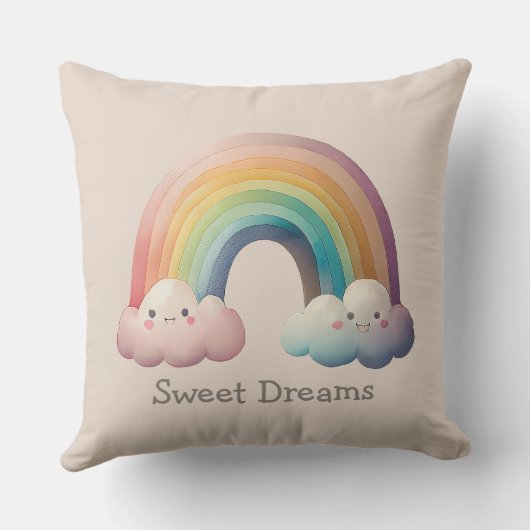 Kids Whimsical Pastel Rainbow in Clouds クッション (裏面)