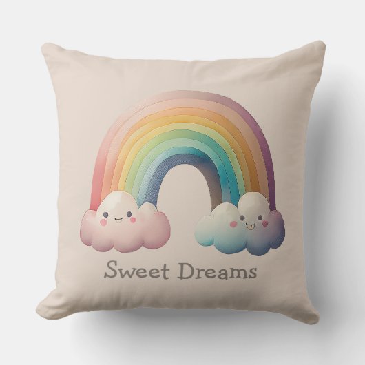 Kids Whimsical Pastel Rainbow in Clouds クッション (正面)