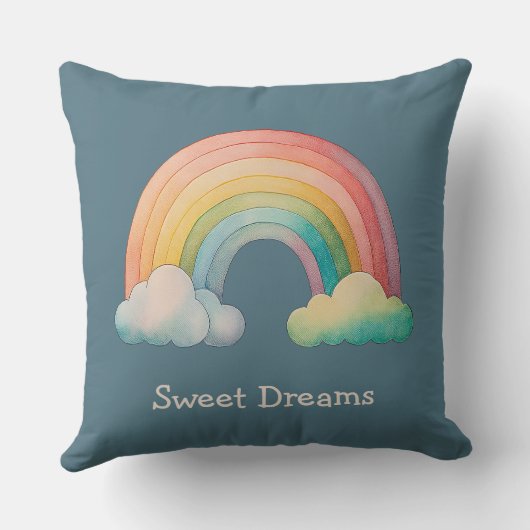 Kids Whimsical Pastel Rainbow in Clouds クッション (裏面)