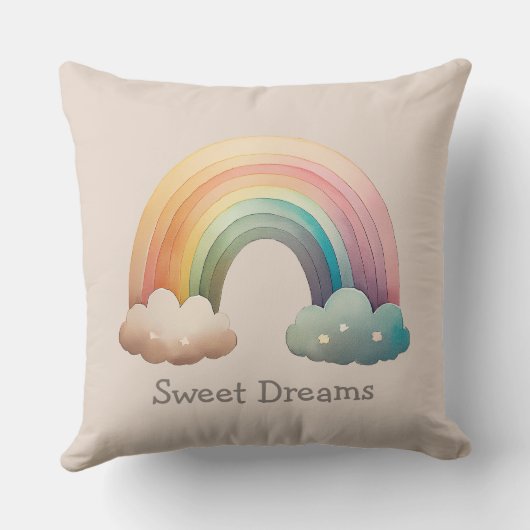 Kids Whimsical Pastel Rainbow in Clouds クッション (裏面)
