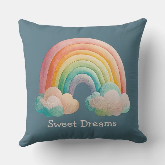 Kids Whimsical Pastel Rainbow in Clouds クッション (裏面)