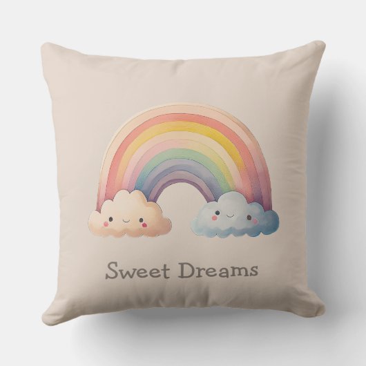 Kids Whimsical Pastel Rainbow in Clouds クッション (裏面)