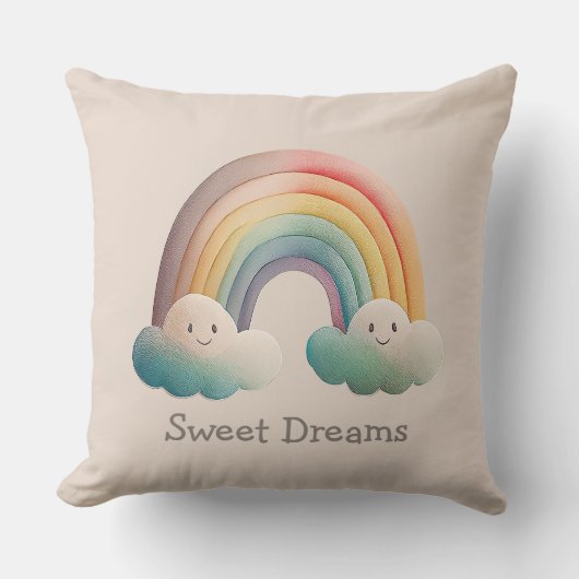 Kids Whimsical Pastel Rainbow in Clouds クッション (正面)