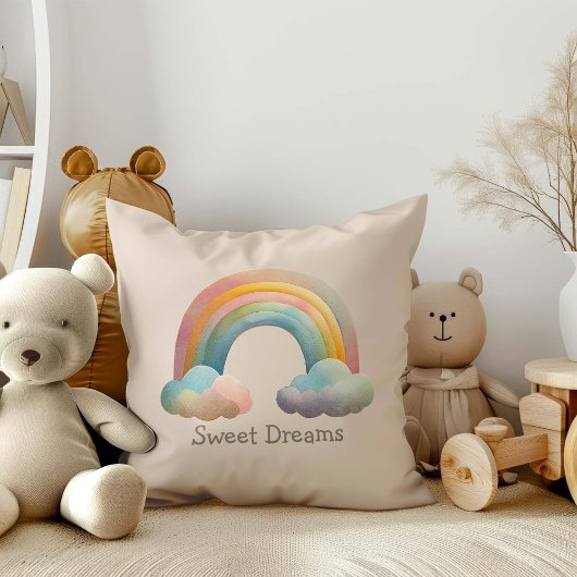Kids Whimsical Pastel Rainbow in Clouds クッション