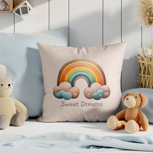 Kids Whimsical Pastel Rainbow in Clouds クッション