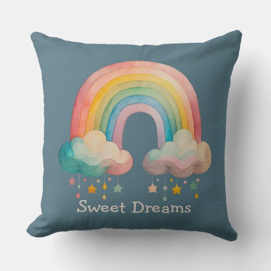 Kids Whimsical Pastel Rainbow in Clouds クッション (正面)