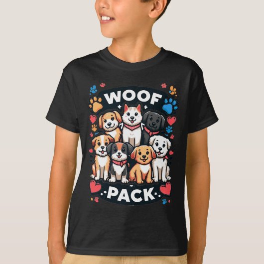 Kids' "Woof Pack" – 愛らしい犬のグループ Tシャツ (正面)