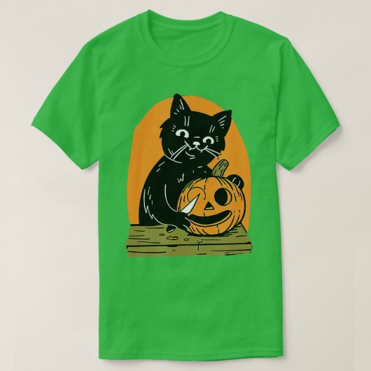 Killer Halloween Scary Black Cat With Knife Pumpki Tシャツ (デザイン正面)