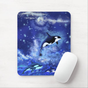 Killer Whales on Full Moon Mouse Pad - Blue マウスパッド