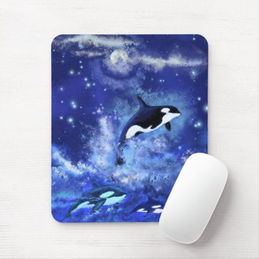 Killer Whales on Full Moon Mouse Pad - Blue マウスパッド (マウス)