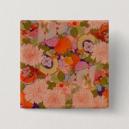 Kimono Flower Pink Floral Pattern 缶バッジ (正面)