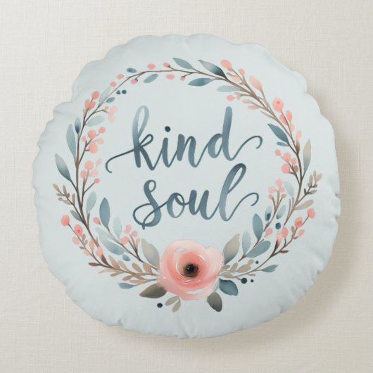 Kind Soul Floral Wreath Watercolor Quote ラウンドクッション (正面)