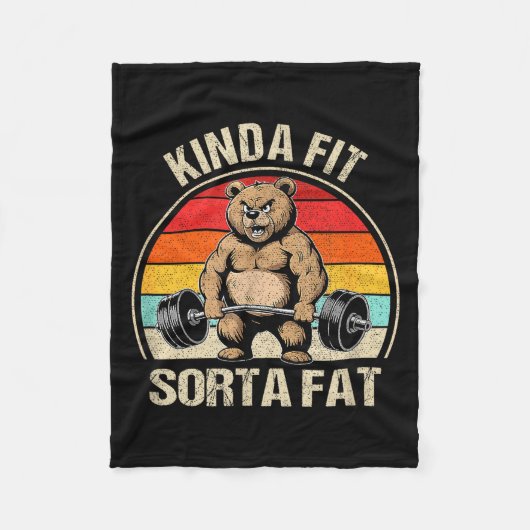 Kinda Fit Sorta Fat Funny Cute Bear Weightlifter  フリースブランケット (正面)