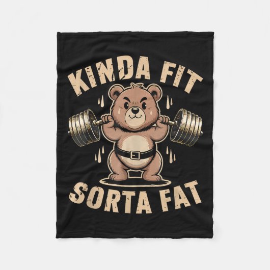 Kinda Fit Sorta Fat - Funny Gym Bear Weightlifting フリースブランケット (正面)