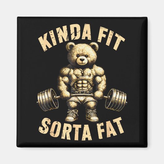 Kinda Fit Sorta Fat - Funny Gym Bear Weightlifting マグネット (正面)