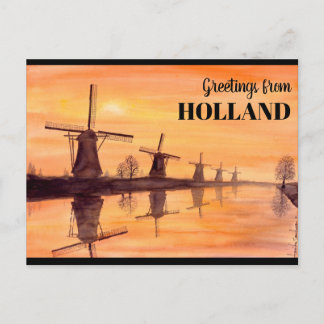 Kinderdijk Windmills Sunset – 水色絵を描の ポストカード