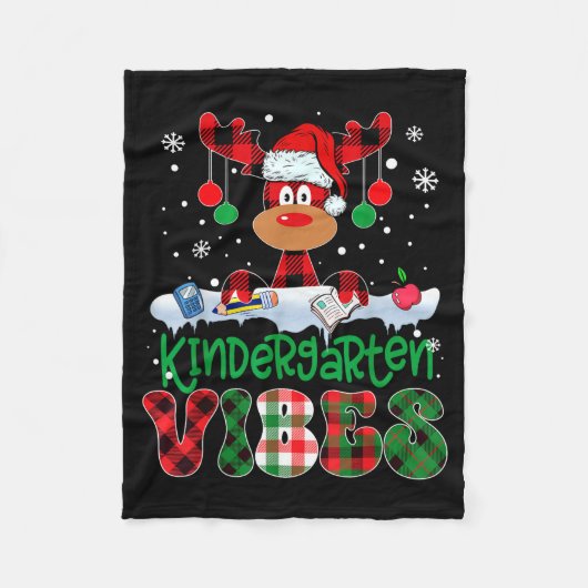 Kindergarten Vibes Teacher Buffalo Plaid Reindeer フリースブランケット (正面)